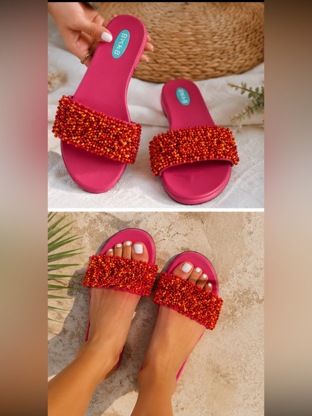 Oka-B Pink Beaded Slide Sandals Women Size M Colorful Resort Shoes